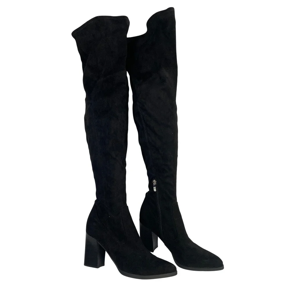 Marc‎ Fisher Womens Black Suede Zip Up Block Heels Over the Knee Tall Boots Sz 8